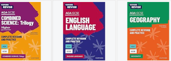 Three Oxford Revise AQA GCSE revision guides for Combined Science Trilogy, English Language, and Geography, shown side-by-side is a good resource to have when moving from CBSE to GCSE Year 9 UK.