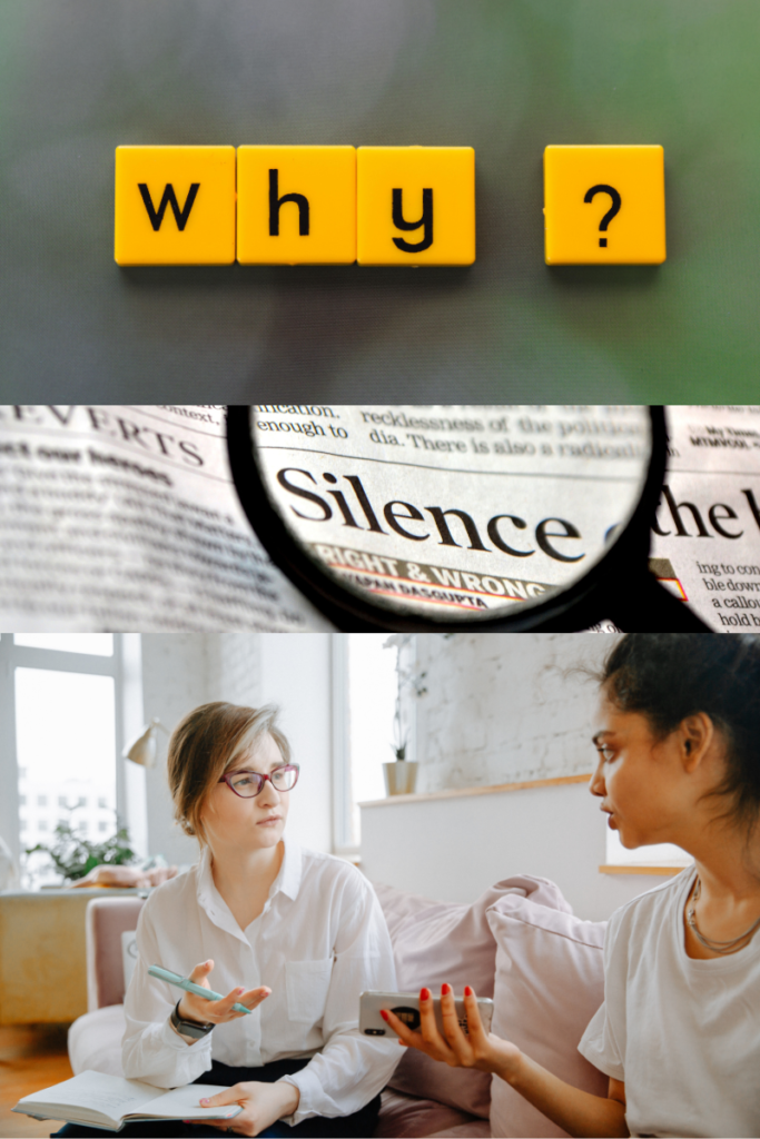 Collage showing the word why in yellow Scrabble tiles, the word silence under a magnifying glass, and a parent in conversation with their teenager — illustrating the psychology behind teenage silence and withdrawal