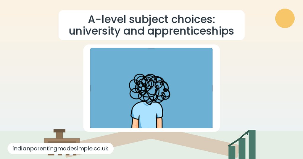 Illustration of a confused teen choosing between a university path and an apprenticeship path, representing A-level subject choices